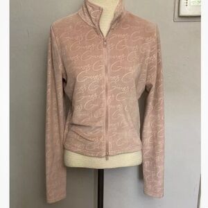 3-18 Guess Pink Top Full Zip Large Embossed Logo Y2K Cropped Velour